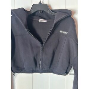 Morphine Club Black Cropped Zip Up Hoodie Drawstring Waist Size Med